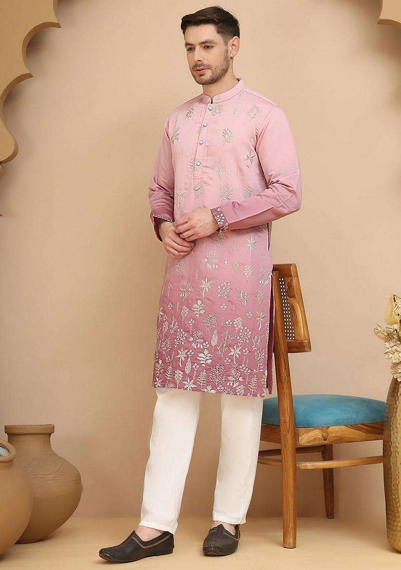 Pink Embroidery Silk Blend Kurta Pyjama Set For Men - Indya