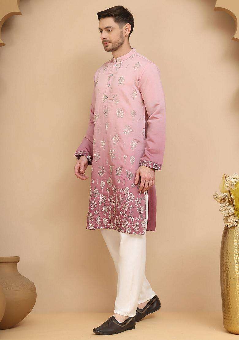 Pink Embroidery Silk Blend Kurta Pyjama Set For Men - Indya