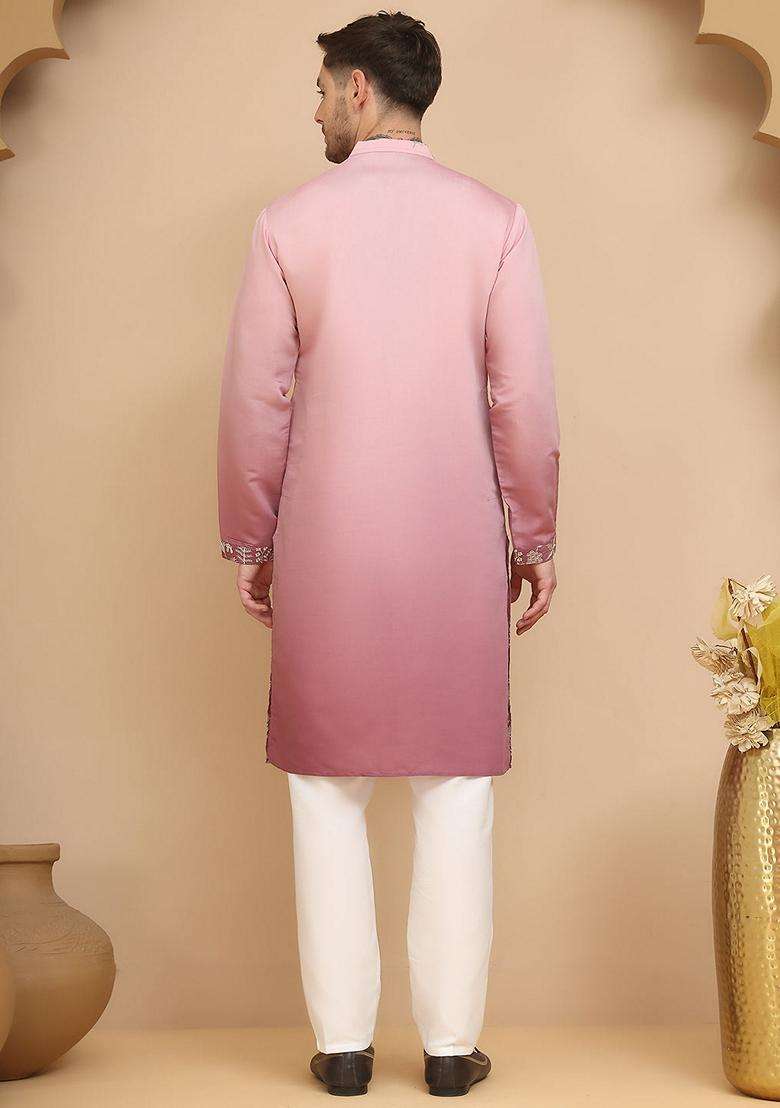 Pink Embroidery Silk Blend Kurta Pyjama Set For Men - Indya