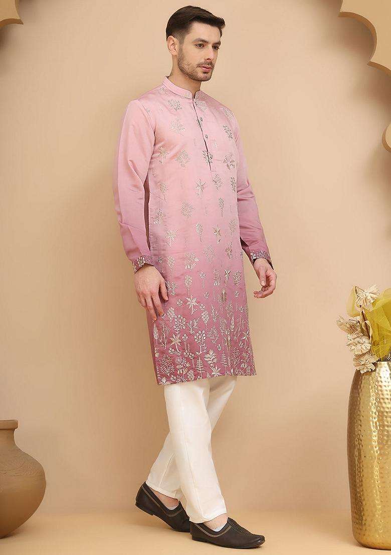 Pink Embroidery Silk Blend Kurta Pyjama Set For Men - Indya