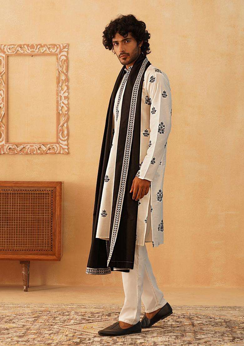 Navy Blue Embroidery Silk Blend Kurta Pyjama Set For Men - Indya