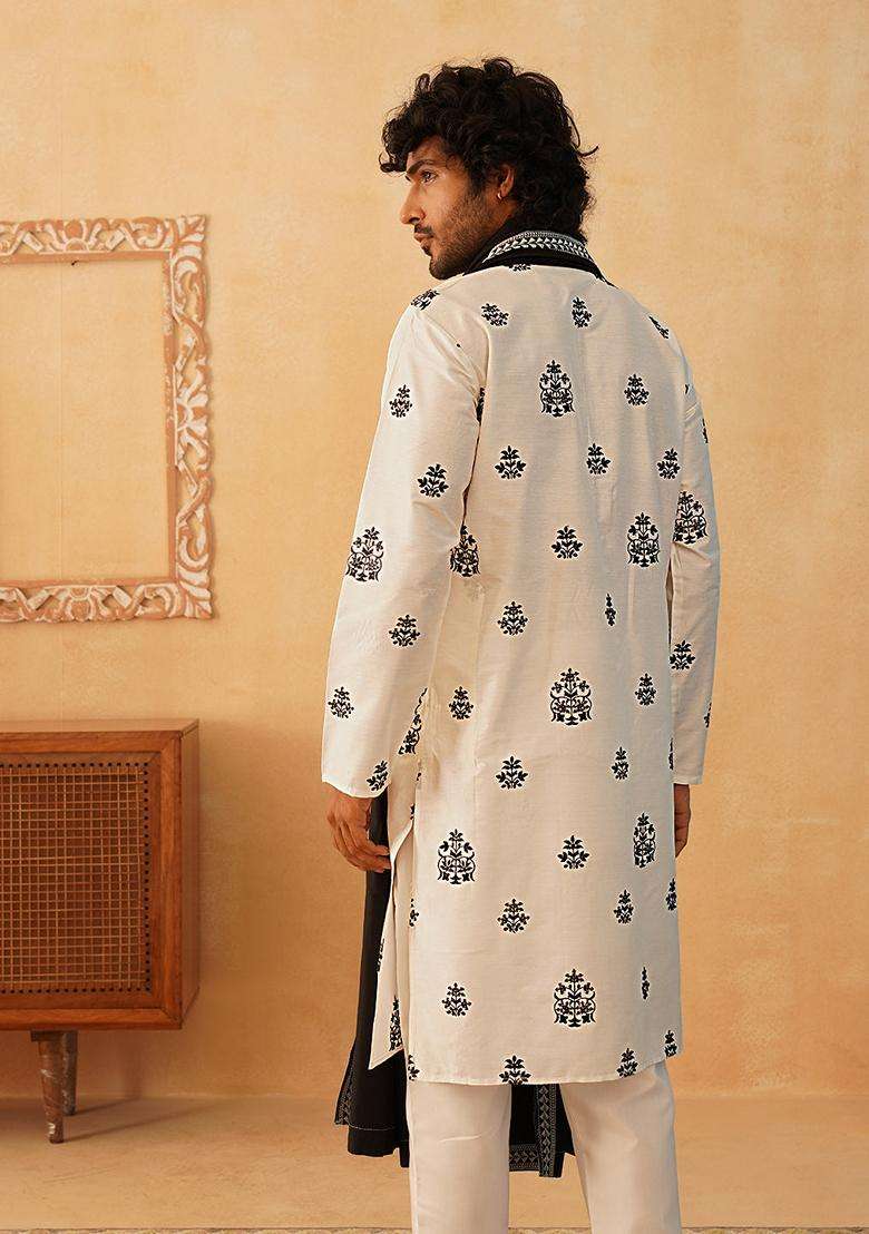 Navy Blue Embroidery Silk Blend Kurta Pyjama Set For Men - Indya