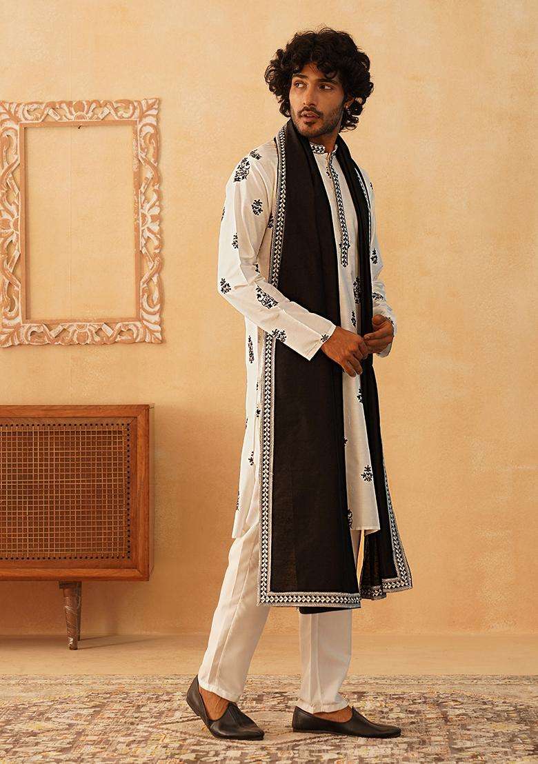 Navy Blue Embroidery Silk Blend Kurta Pyjama Set For Men - Indya