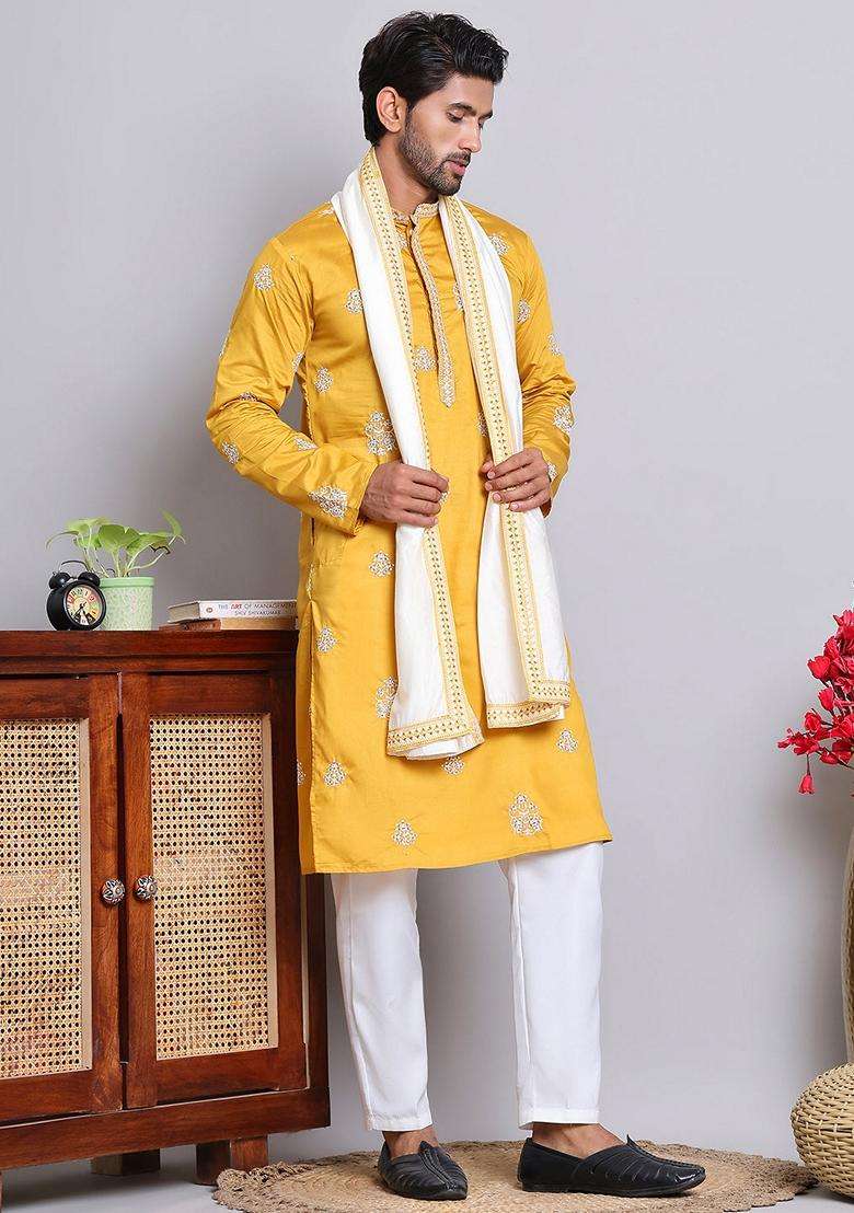 Navy Blue Embroidery Silk Blend Kurta Pyjama Set For Men - Indya