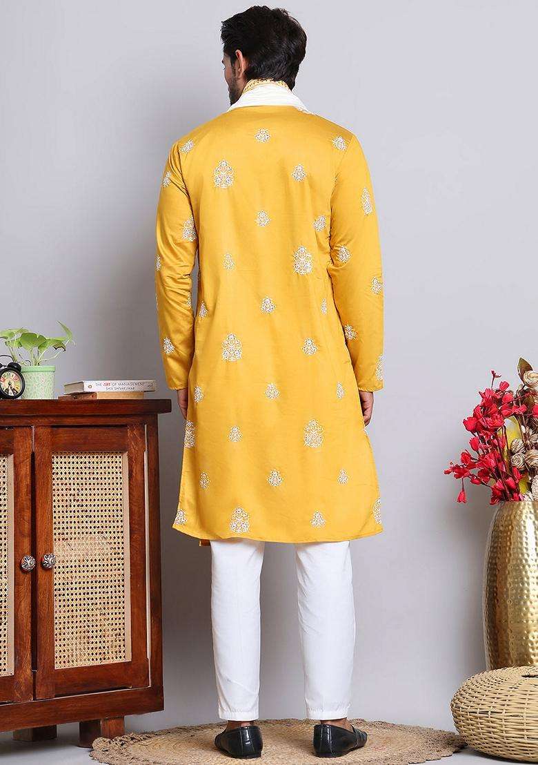 Navy Blue Embroidery Silk Blend Kurta Pyjama Set For Men - Indya