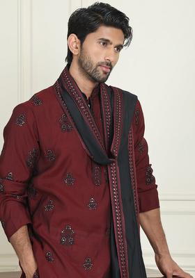 Maroon Embroidery Silk Kurta Pyjama Set For Men