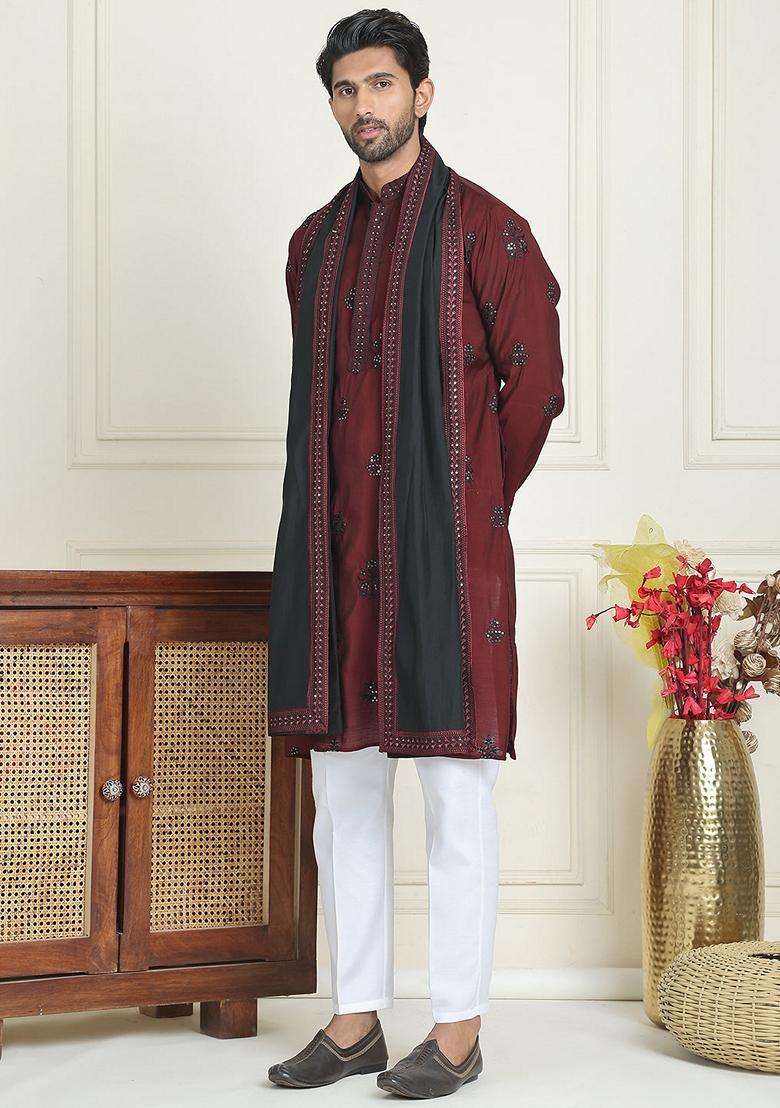 Maroon Embroidery Silk Blend Kurta Pyjama Set For Men - Indya
