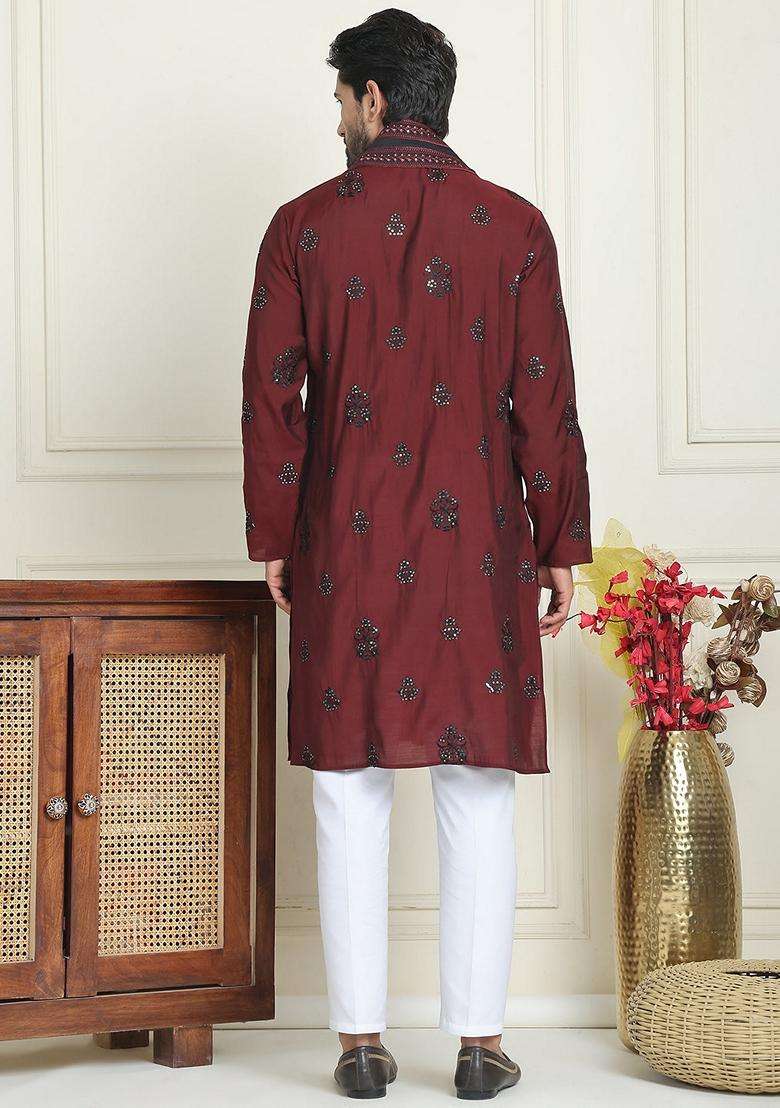 Maroon Embroidery Silk Blend Kurta Pyjama Set For Men - Indya