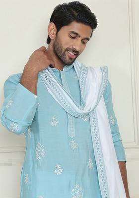 Sky Blue Embroidery Silk Blend Kurta Pyjama Set For Men