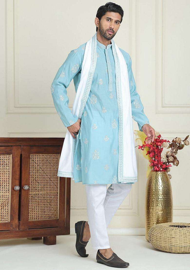 Sky Blue Embroidery Silk Blend Kurta Pyjama Set For Men - Indya