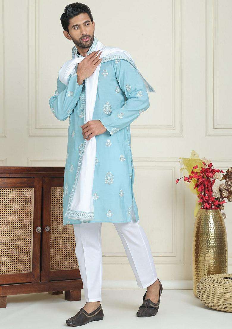 Sky Blue Embroidery Silk Blend Kurta Pyjama Set For Men - Indya