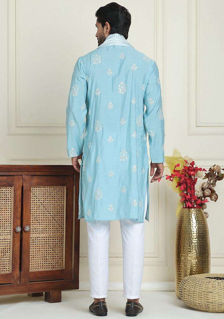 Sky Blue Embroidery Silk Blend Kurta Pyjama Set For Men - Indya