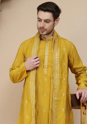 Navy Blue Embroidery Silk Blend Kurta Pyjama Set For Men
