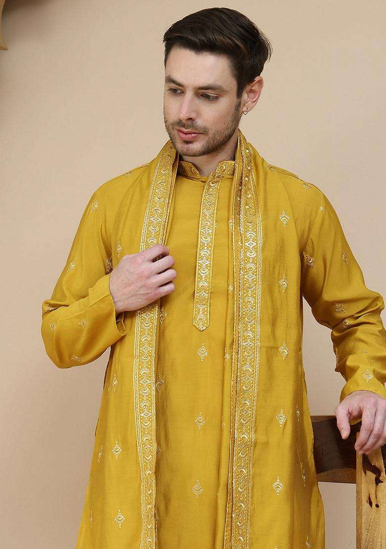 Navy Blue Embroidery Silk Blend Kurta Pyjama Set For Men - Indya