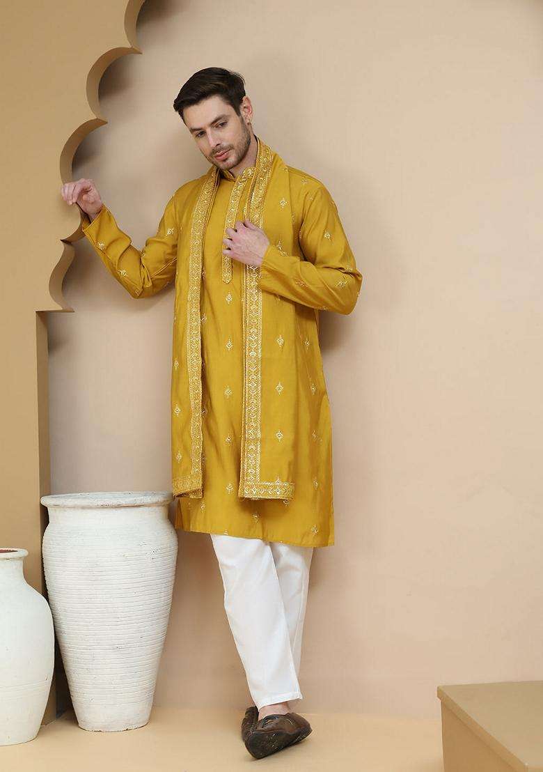 Navy Blue Embroidery Silk Blend Kurta Pyjama Set For Men - Indya