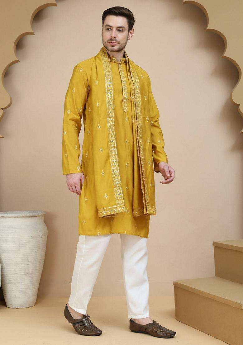 Navy Blue Embroidery Silk Blend Kurta Pyjama Set For Men - Indya