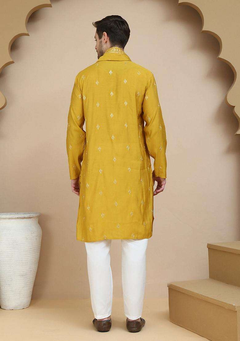 Navy Blue Embroidery Silk Blend Kurta Pyjama Set For Men - Indya