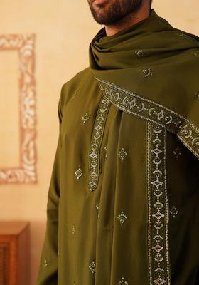 Navy Blue Embroidery Silk Blend Kurta Pyjama Set For Men