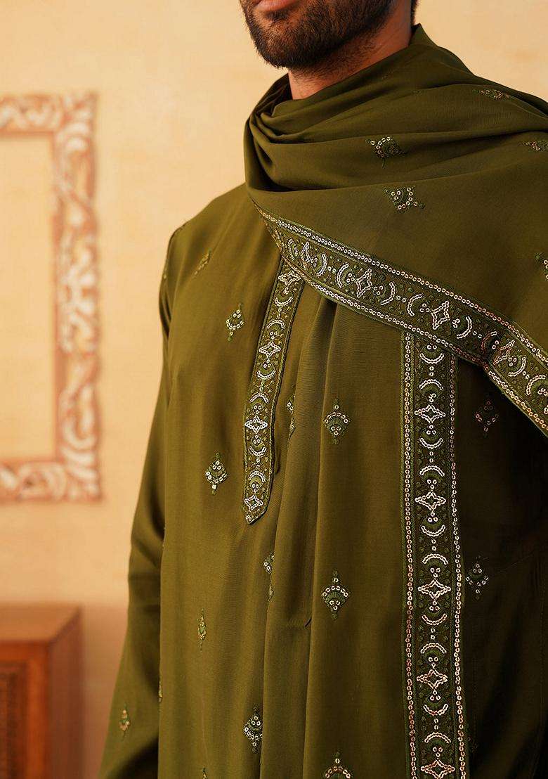 Navy Blue Embroidery Silk Blend Kurta Pyjama Set For Men - Indya