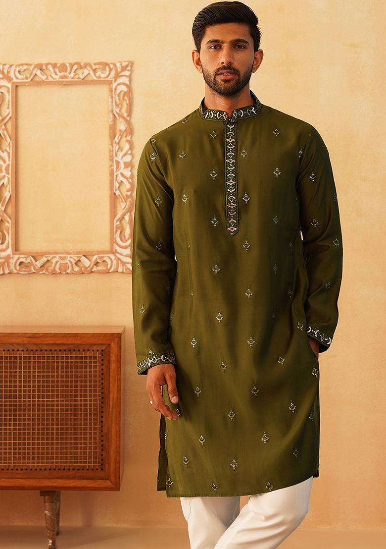 Navy Blue Embroidery Silk Blend Kurta Pyjama Set For Men - Indya