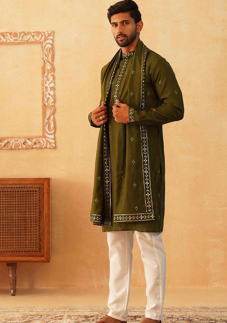 Navy Blue Embroidery Silk Blend Kurta Pyjama Set For Men - Indya