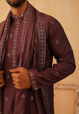 Navy Blue Embroidery Silk Blend Kurta Pyjama Set For Men