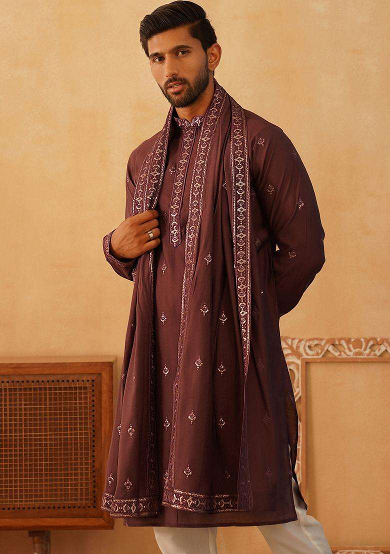 Navy Blue Embroidery Silk Blend Kurta Pyjama Set For Men - Indya