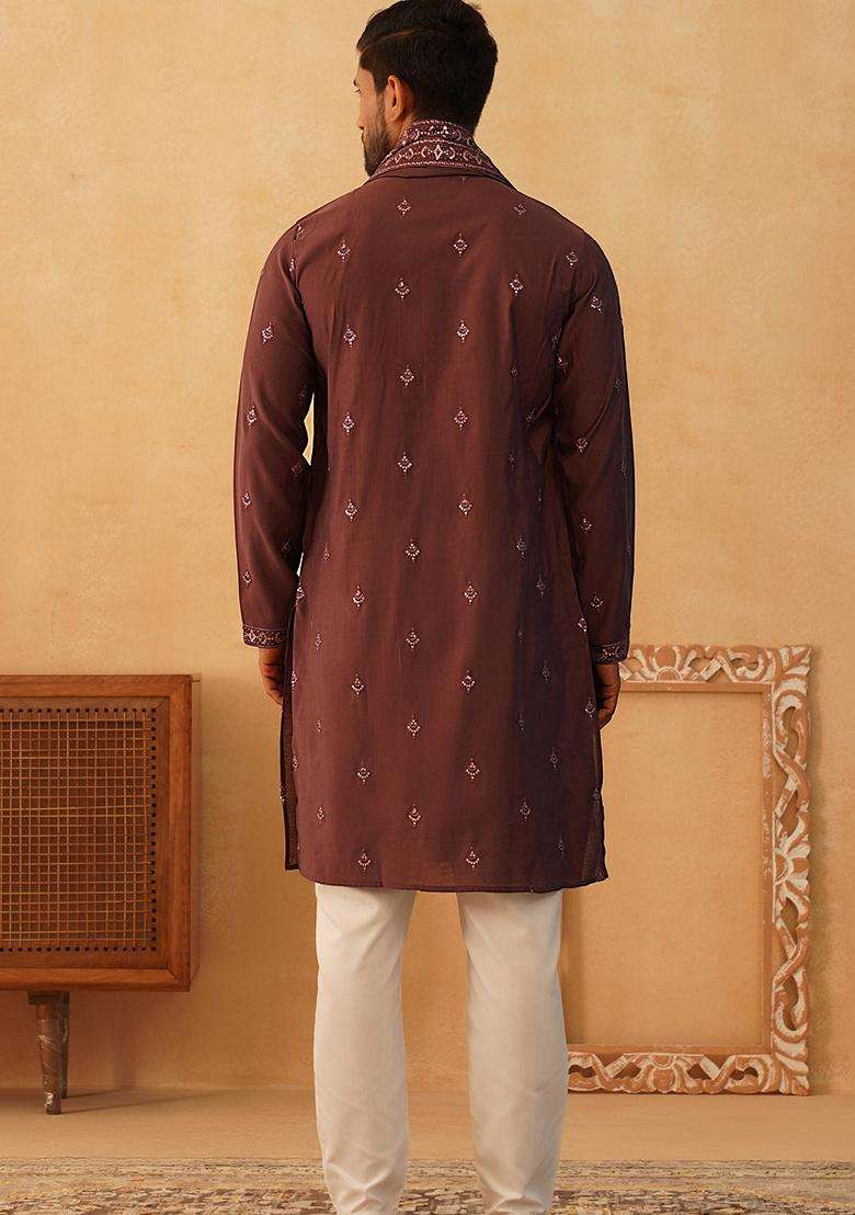 Navy Blue Embroidery Silk Blend Kurta Pyjama Set For Men - Indya