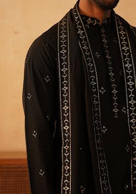Navy Blue Embroidery Silk Blend Kurta Pyjama Set For Men