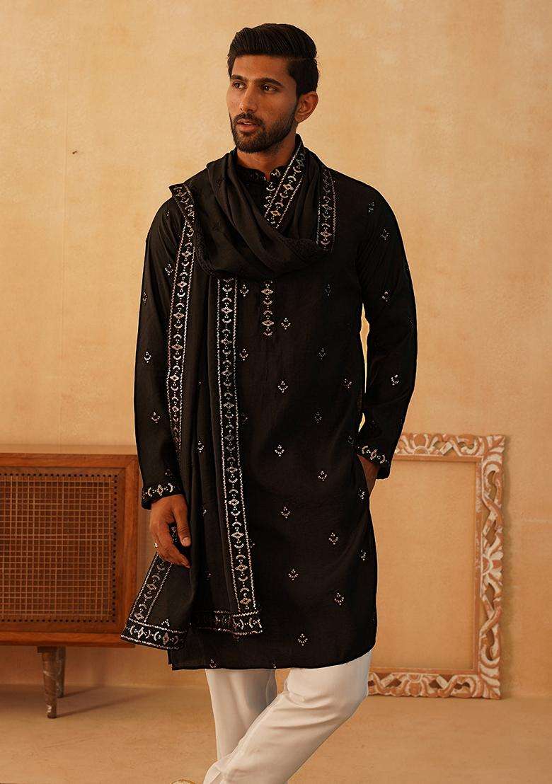 Navy Blue Embroidery Silk Blend Kurta Pyjama Set For Men - Indya