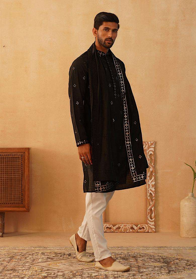 Navy Blue Embroidery Silk Blend Kurta Pyjama Set For Men - Indya