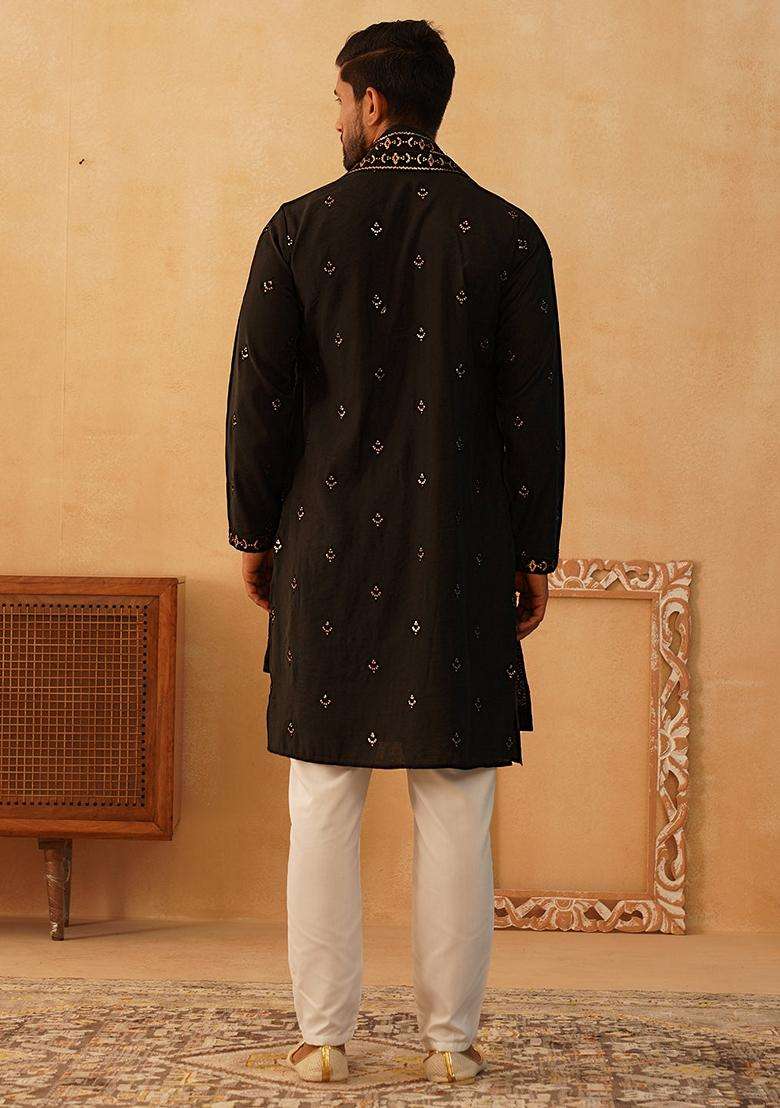 Navy Blue Embroidery Silk Blend Kurta Pyjama Set For Men - Indya