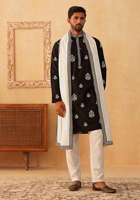 Navy Blue Embroidery Silk Blend Kurta Pyjama Set For Men