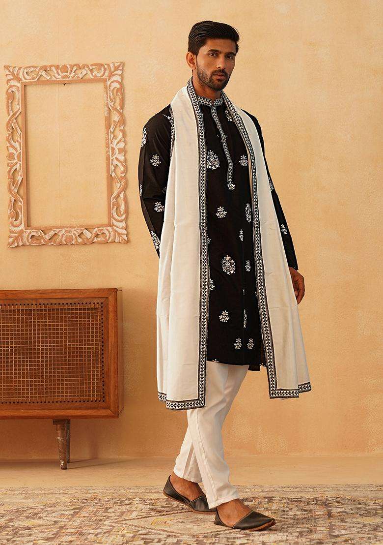 Navy Blue Embroidery Silk Blend Kurta Pyjama Set For Men - Indya