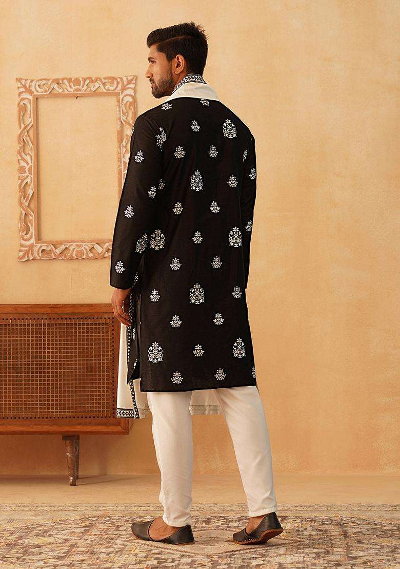 Navy Blue Embroidery Silk Blend Kurta Pyjama Set For Men - Indya