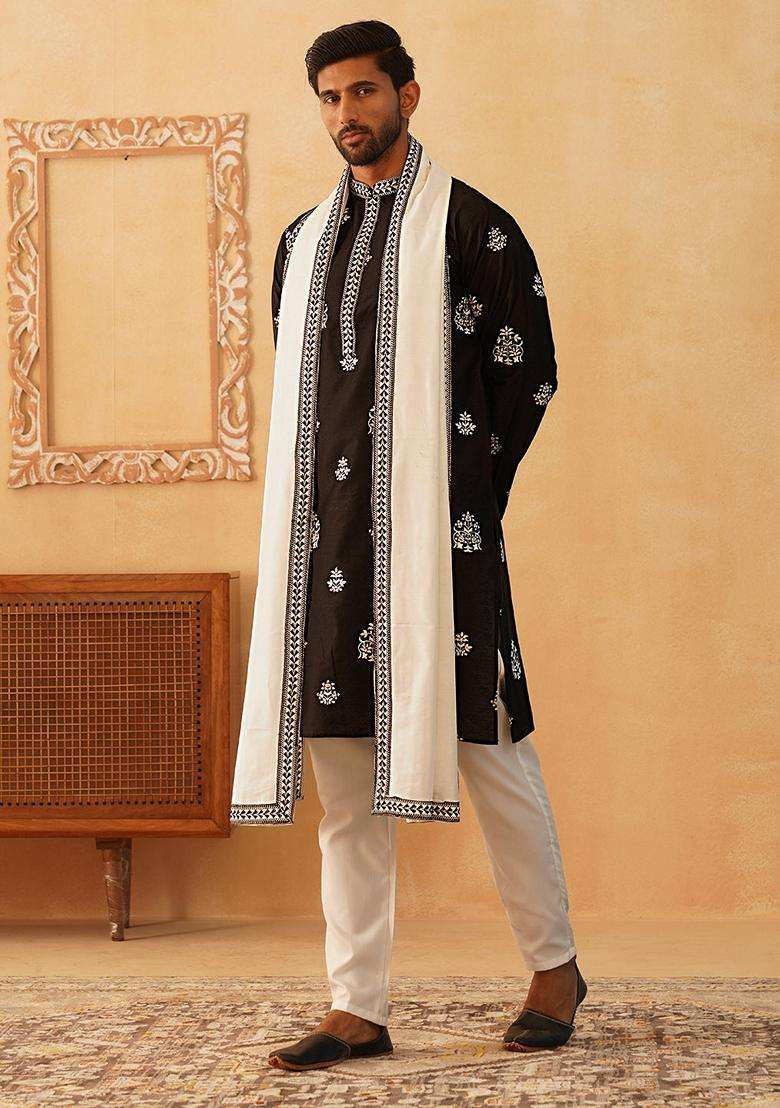 Navy Blue Embroidery Silk Blend Kurta Pyjama Set For Men - Indya