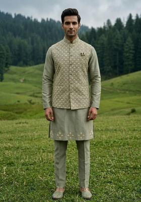 Green Thread And Sequins Silk Blend Waistcoat Kurta Set For Men