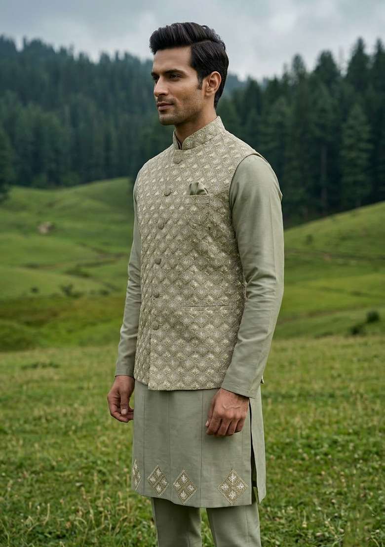 Green Thread And Sequins Silk Blend Waistcoat Kurta Set For Men - Indya
