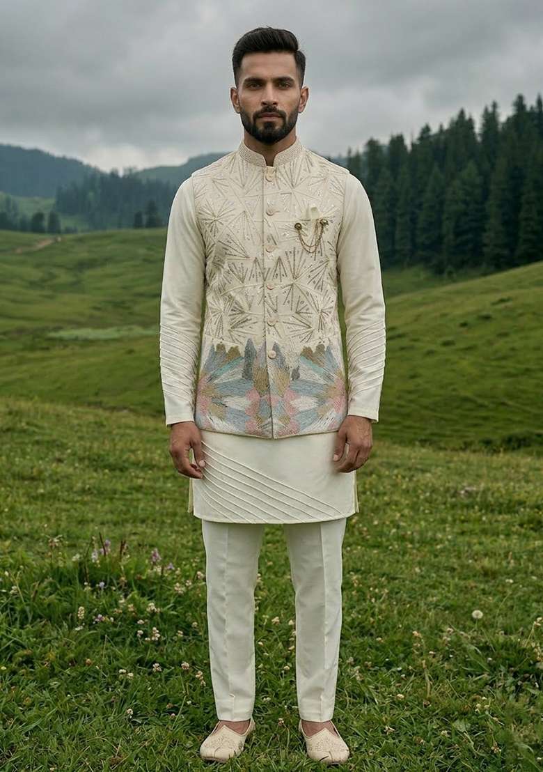 Ivory Thread And Sequins Silk Blend Waistcoat Kurta Set For Men - Indya
