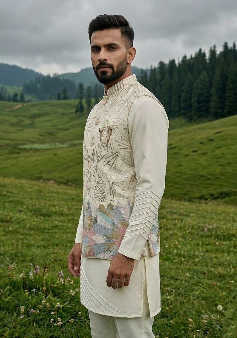 Ivory Thread And Sequins Silk Blend Waistcoat Kurta Set For Men - Indya
