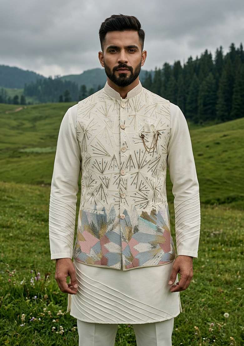 Ivory Thread And Sequins Silk Blend Waistcoat Kurta Set For Men - Indya