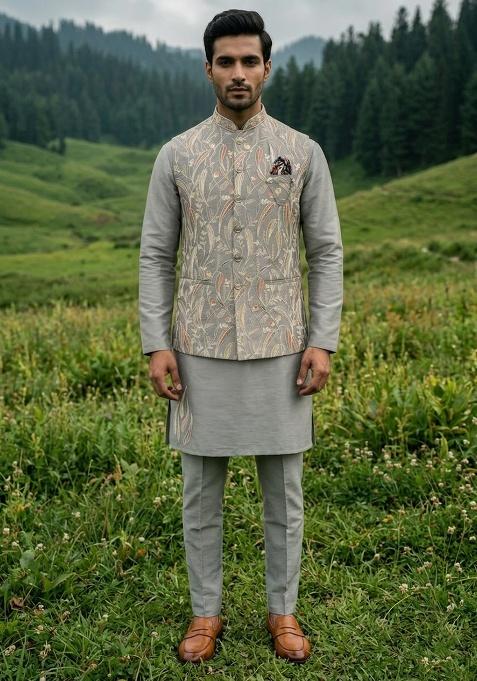 Grey Thread And Sequins Silk Waistcoat Kurta Set For Men