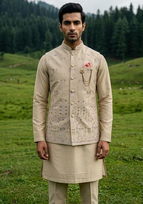 Dark Beige Thread And Sequins Silk Waistcoat Kurta Set For Men