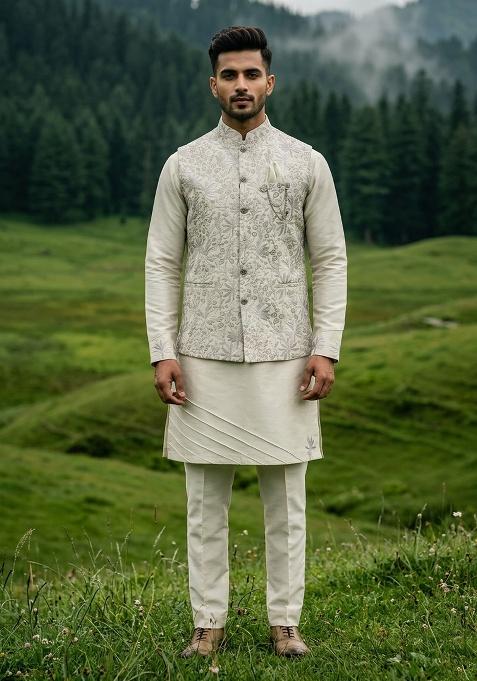 Pista Grey Thread And Sequins Silk Waistcoat Kurta Set For Men
