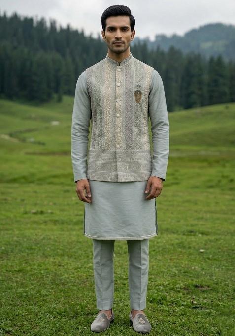 Grey Thread And Sequins Silk Waistcoat Kurta Set For Men