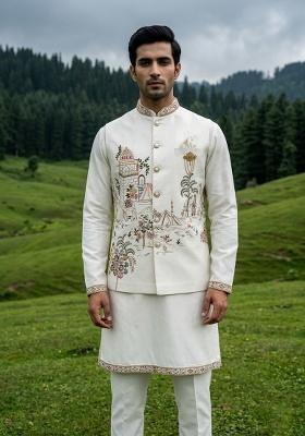 Ivory Thread And Sequins Silk Waistcoat Kurta Set For Men