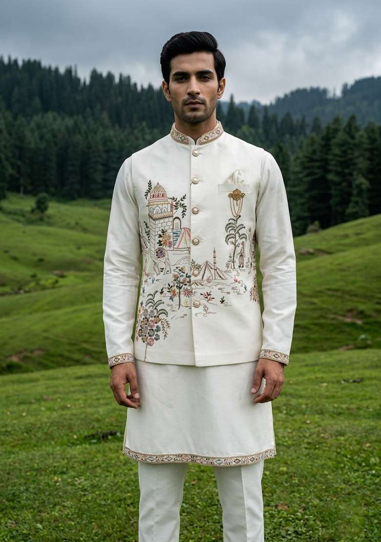 Ivory Thread And Sequins Silk Blend Waistcoat Kurta Set For Men - Indya
