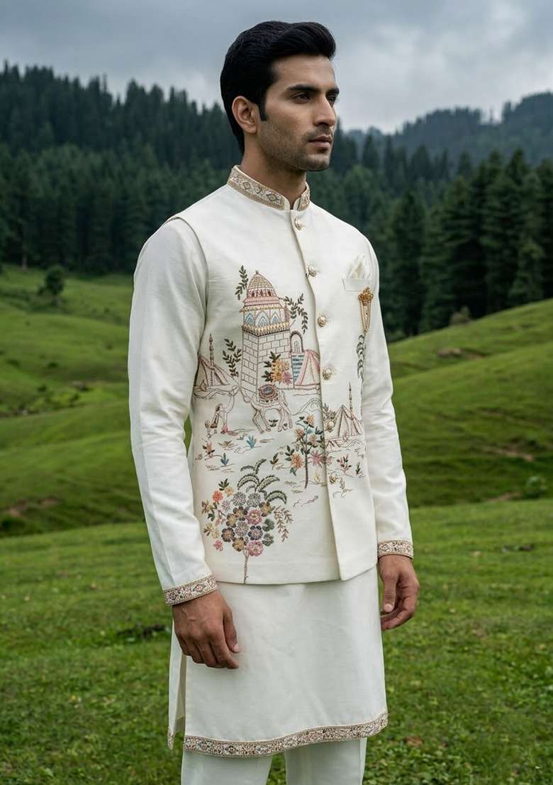 Ivory Thread And Sequins Silk Blend Waistcoat Kurta Set For Men - Indya