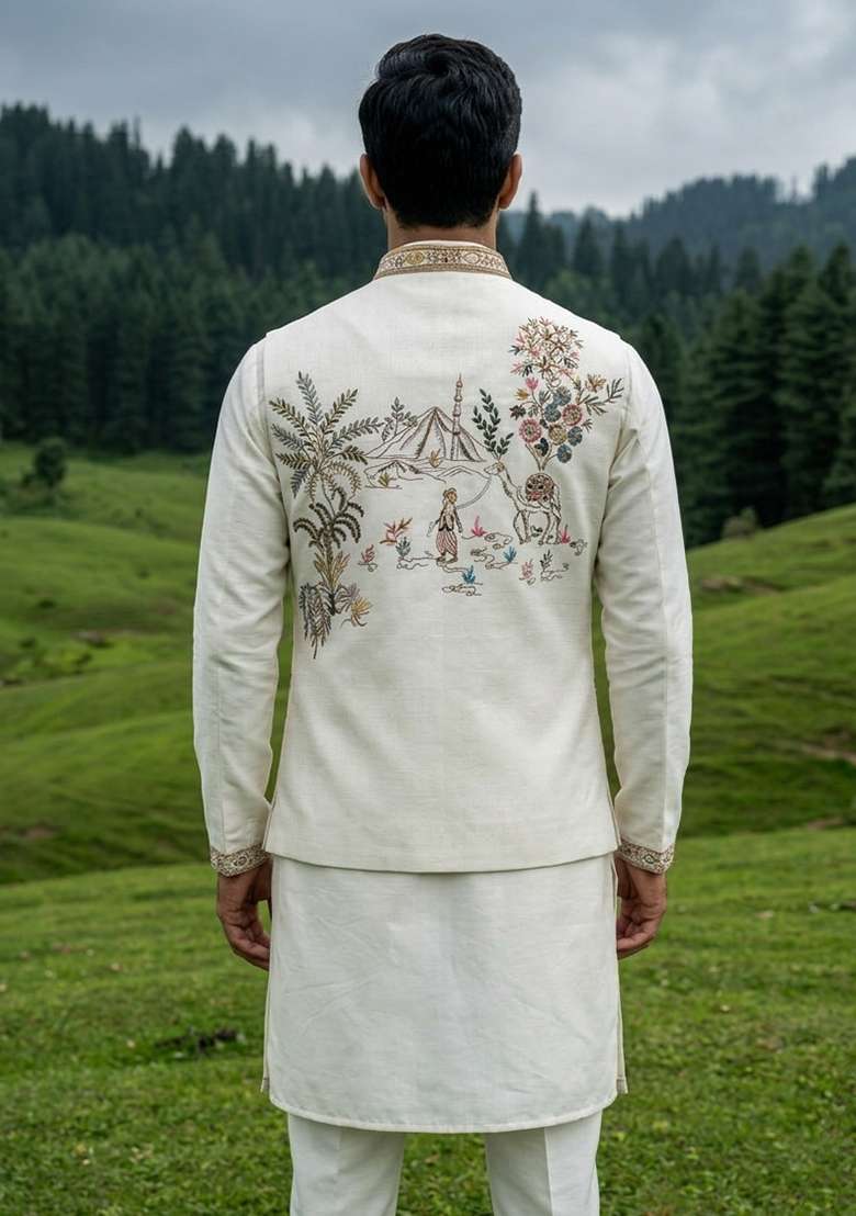 Ivory Thread And Sequins Silk Blend Waistcoat Kurta Set For Men - Indya