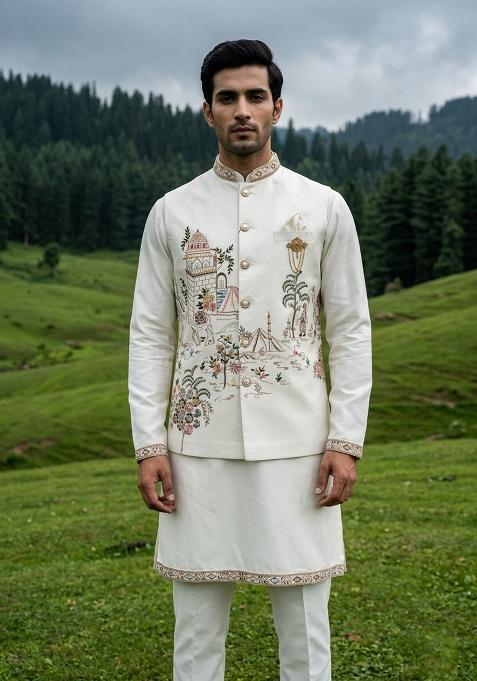 Ivory Thread And Sequins Silk Waistcoat Kurta Set For Men